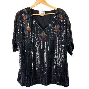 Woodward Vintage 2X Silk Sequin Beaded Geometric V-Neck Blouse Black Wedding